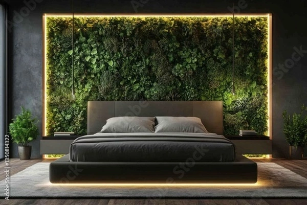 Obraz A contemporary bedroom features a green wall and ambient lighting design