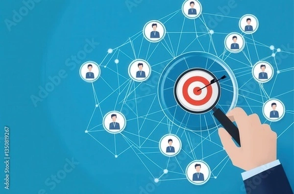 Obraz A hand uses a magnifying glass to focus on a target surrounded by a network of connected people icons on a blue background. The image is a conceptual