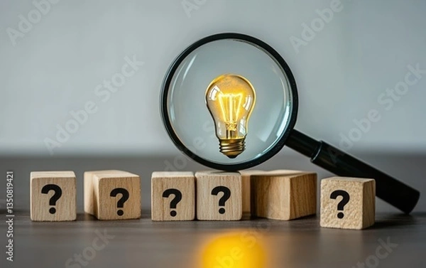 Fototapeta Illuminated lightbulb magnified by a magnifying glass rests on a dark wooden surface near wooden blocks with question marks, suggesting discovery and