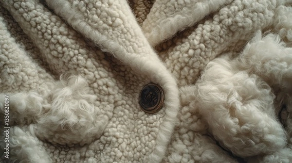 Obraz Close Up Of White Fur Jacket With Detailed Texture And Brown Button