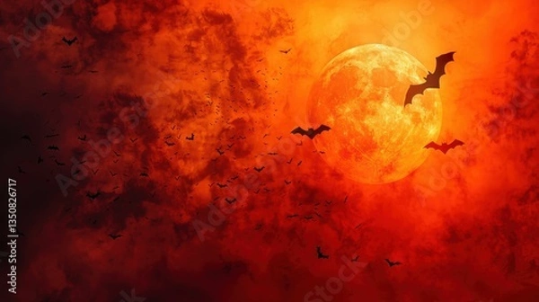 Obraz Red background with a large moon and many bats flying around it
