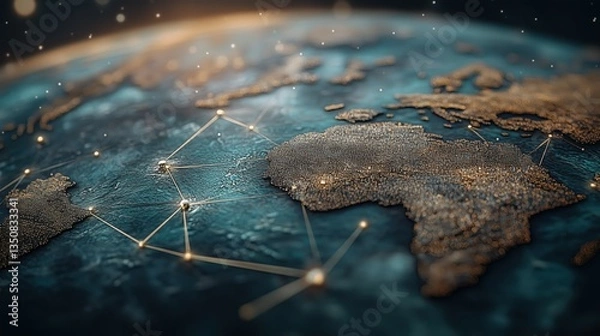 Fototapeta Detailed Global Map with Illuminated Connections Over Africa and Europe