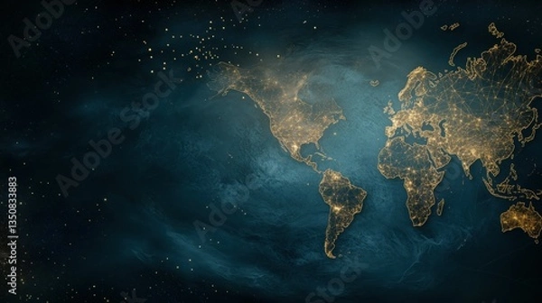 Fototapeta Glowing World Map with Stars and Night Sky Elements for Designs