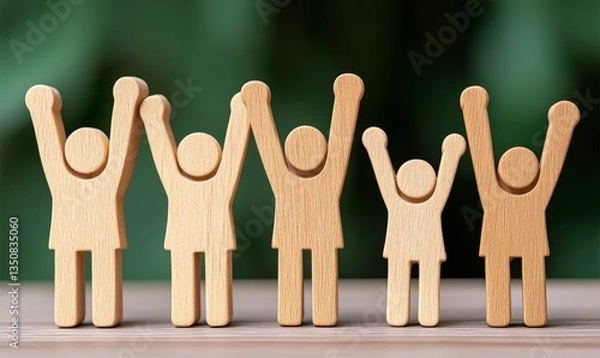 Fototapeta Wooden figures celebrating success and teamwork, conveying joy, unity, and positive emotions in a collaborative environment with nature background