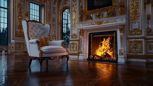 Obraz Elegant Armchair in Luxurious Room with Warm Fireplace Glow and Opulent Decor Elements