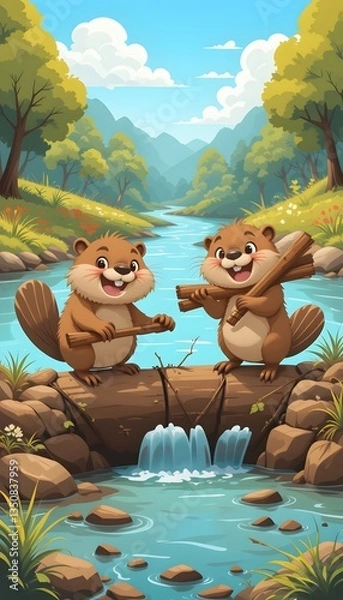 Fototapeta Cute Beavers Building a Dam Together - Illustration of two cute cartoon beavers working together to build a dam in a river