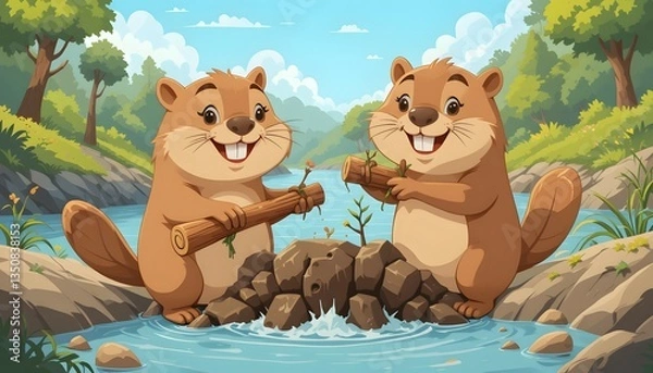Fototapeta Cute Beavers Building a Dam Together - Illustration of two cute cartoon beavers working together to build a dam in a river