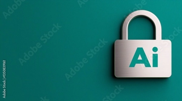 Obraz AI Security Padlock on Teal Background Secure Artificial Intelligence Data Protection
