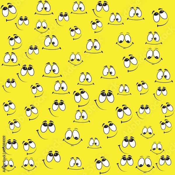 Fototapeta Pattern of funny smiles on a yellow background. Comic facial expression.