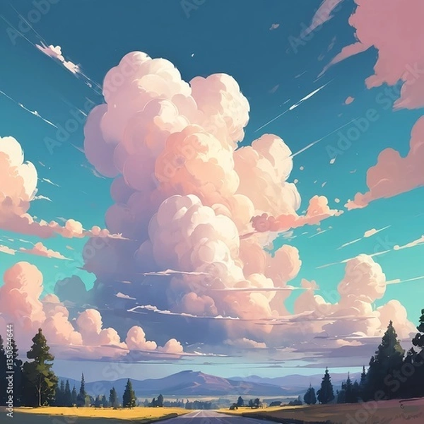 Fototapeta Dreamy Summer Landscape with Fluffy Clouds and Country Road