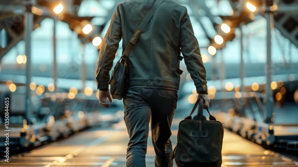Obraz A man strides confidently through an airport terminal, carrying a sleek duffel bag and crossbody satchel, surrounded by warm lights and reflections.