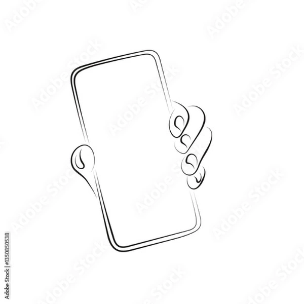 Fototapeta closeup hand holding a smartphone illustration vector hand drawn with black lines isolated on white background.