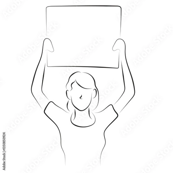 Fototapeta woman holding empty board illustration vector hand drawn with black lines isolated on white background.