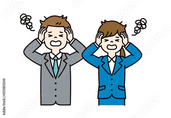 Fototapeta 頭を抱えてパニックになる、男女の会社員のシンプルなベクターイラスト素材＿カラー