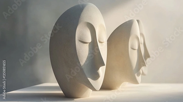 Fototapeta Two elegant white sculptures beautifully arranged on a table illuminated by bright light emphasizing abstract artistic styles.