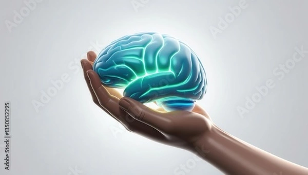Fototapeta AGI ethics 3D concept. A hand cradles a glowing, abstract blue brain.