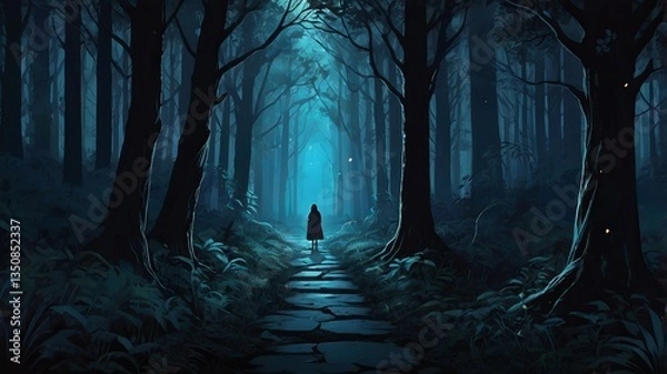Fototapeta A lone figure in a red cloak stands on a misty path through a dark, enchanted forest.