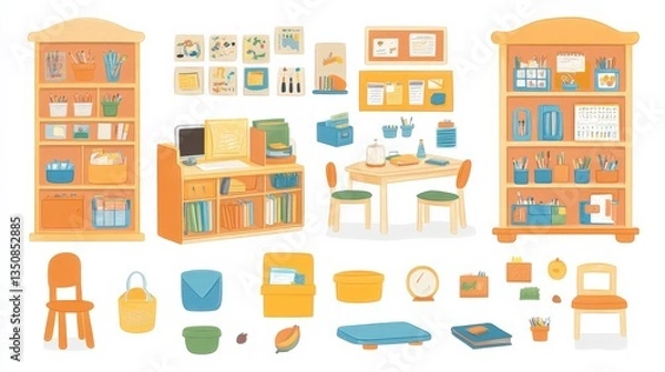 Fototapeta Colorful Classroom Essentials on Isolated White Background