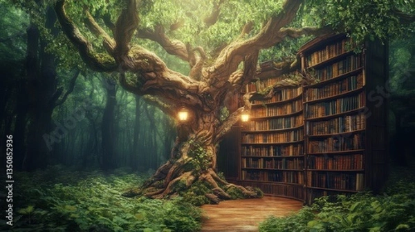 Fototapeta Magical library in a mystical forest