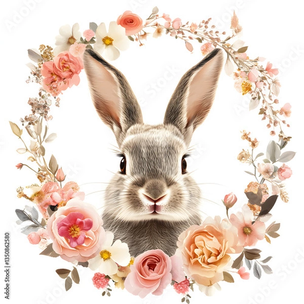Fototapeta Cute Brown Bunny with Floral Wreath and Soft Pastel Background