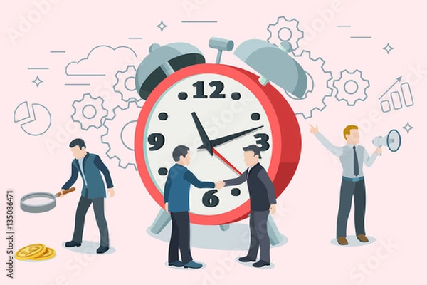 Fototapeta Startup work moments. Man with a magnifier, two people shake hands, a man with a loudspeaker. Time management and optimization of business processes. Alarm clock in a flat style. Vector illustration