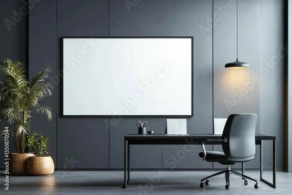 Fototapeta Chic dark office with black desk, chair, pendant light, and empty white billboard. Marketing mockup. 3D Rendering