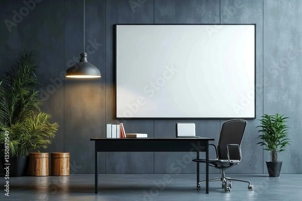 Fototapeta Chic dark office with black desk, chair, pendant light, and empty white billboard. Marketing mockup. 3D Rendering