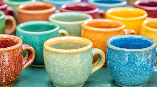 Fototapeta Vibrant collection of colorful coffee mugs shining brightly under the warm sunlight captured in an inviting and cheerful setting.