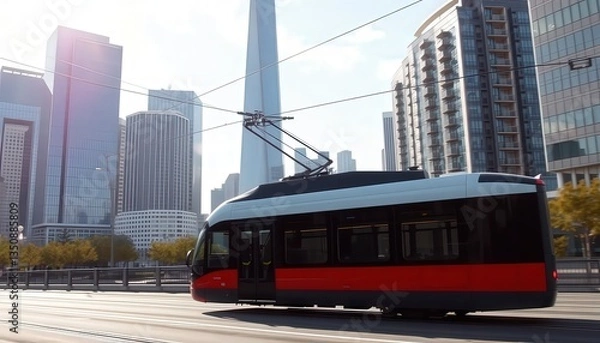 Fototapeta Modern Tram in Cityscape: Urban Transportation and Architecture