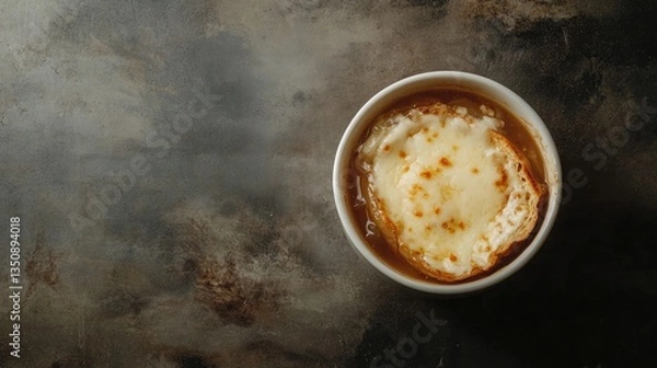 Fototapeta Delicious bowl of French onion soup with melted cheese topping
