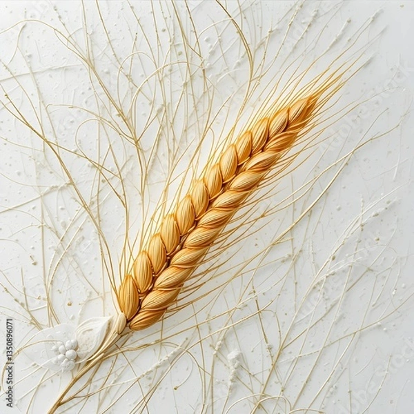 Fototapeta A detailed view of a wheat grain, highlighting its golden hue and textured surface, set against a pristine white background.