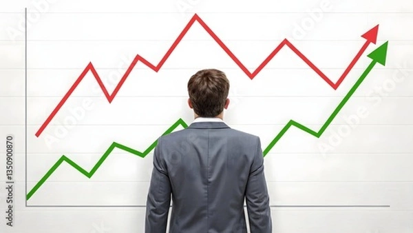 Fototapeta Business professional analyzing upward market trends with red and green line graphs representing financial growth and data insights