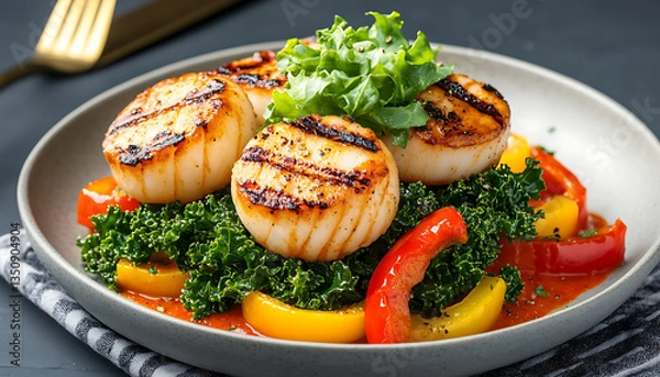 Fototapeta Grilled Scallops with Kale  Peppers.