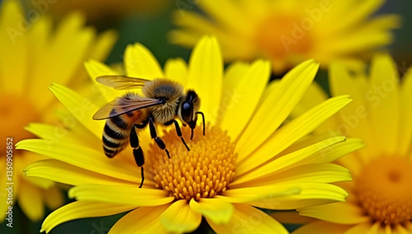 Fototapeta Bee Collecting Nectar from Vibrant Yellow Chrysanthemum Flowers in Autumn Garden: A Stunning Photo Stock Concept Showcasing Pollination and Nature's Cycle with Empty Space
