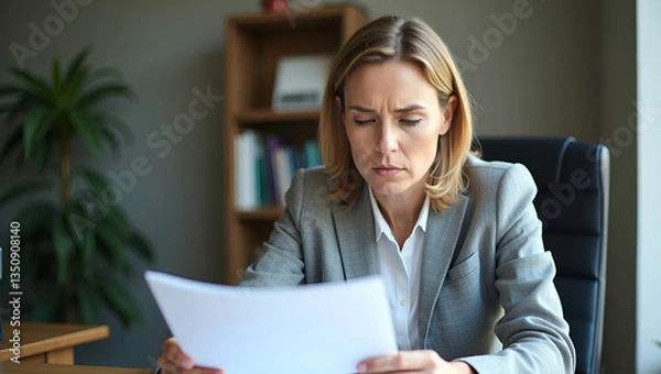Obraz Concerned Businesswoman Reviewing Bad News: Middle-Aged Entrepreneur Faces Financial Challenges at Work - Stock Photo Concept with Empty Space for Text