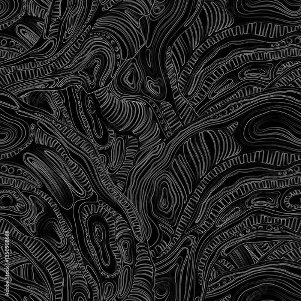 Fototapeta Seamless abstract black and white pattern with hand-drawn organic lines and topographic curves. Psychedelic, high-detail texture resembling wood grain for textile, wallpaper, or packaging design.