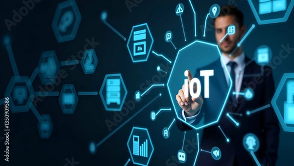 Fototapeta Exploring IoT Technology and Wireless Connectivity: Businessman Engaging with AI, Industrial Automation, Cybersecurity, and Smart Home Solutions in a Dynamic Conceptual Image