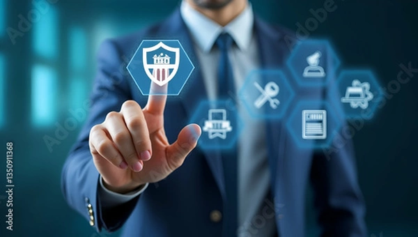 Fototapeta Businessman Interacts with ISO Certification Symbols for Quality Assurance