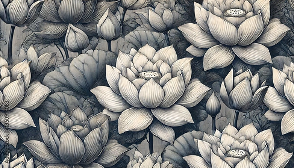 Fototapeta Elegant Hand-Drawn Floral Pattern – Intricate Lotus Flower Line Art Design