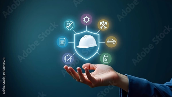 Fototapeta Hand Holding Holographic Work Safety Icons: Shield, Hard Hat, Checklist & Health Protocols in Empty Space