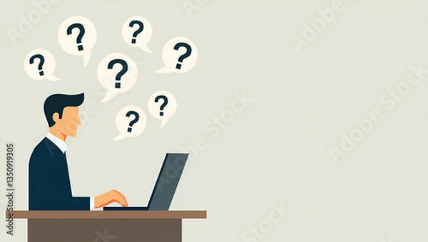 Obraz Flat Hand with Laptop Surrounded by Floating Question Marks: A Cute Vector Illustration Symbolizing Inquiry and Problem Solving in the Digital Business Context