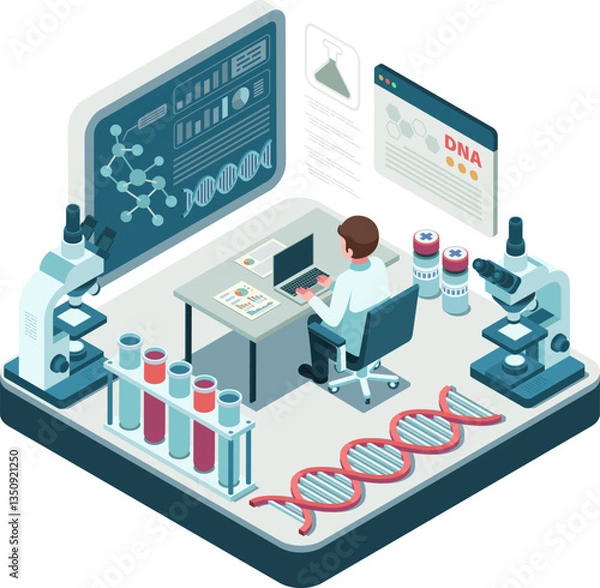 Fototapeta Isometric Scientist in Biotechnology Lab with DNA Research and Analysis