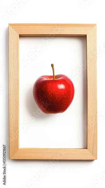 Fototapeta A vibrant red apple encased in a minimalist wooden frame against a white background.