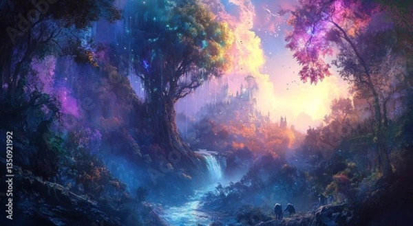 Fototapeta A vibrant colorful fantasy forest scene showing nature and imagination