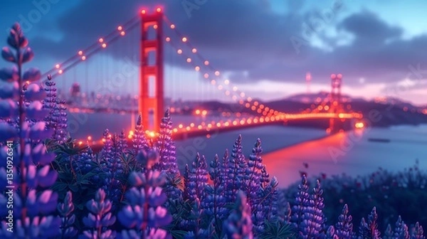 Obraz Vibrant sunset view of the Golden Gate Bridge framed by colorful flowers in the foreground