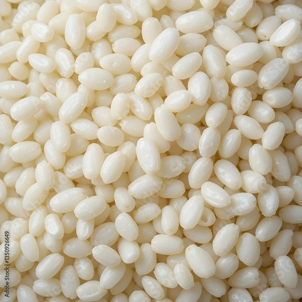Fototapeta A close-up of glutinous rice grains, showcasing their sticky texture and pearly white color, on a clean white background.