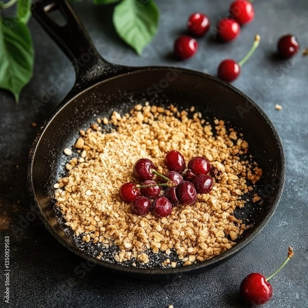 Fototapeta A dark skillet filled with a golden-brown crumble topping and sweet cherries. The rustic setting enhances the simple yet delicious dessert.