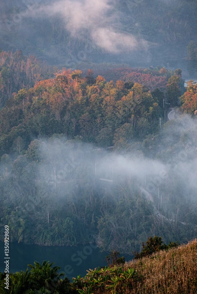 Fototapeta Mountain view on Doi Chang, Chiang Rai Province, northern Thailand at the beginning of the rainy season.