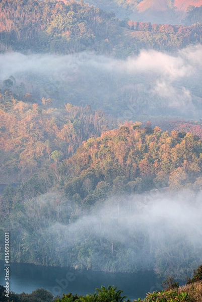 Fototapeta Mountain view on Doi Chang, Chiang Rai Province, northern Thailand at the beginning of the rainy season.