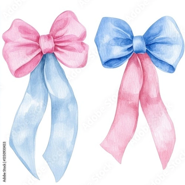 Fototapeta Two watercolor bows in pastel pink and blue. Perfect for announcements, invitations, or adding a touch of elegance to your designs.